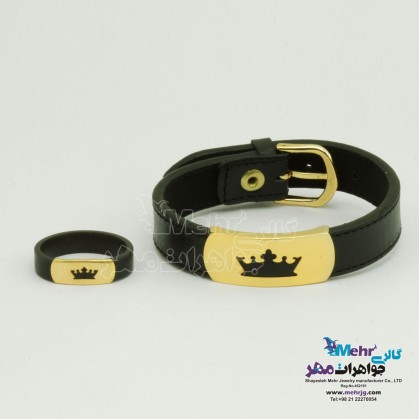 Half a set of gold and leather bracelets and rings - crown design-SS0467